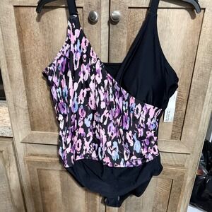BloomChic‎ One Piece Swimsuit Animal Print Black V-Neck Plus Size New